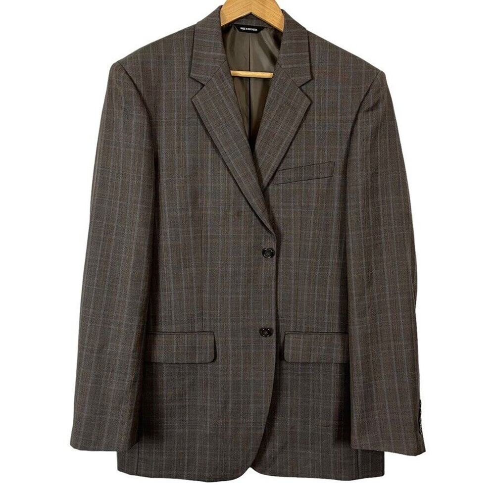 Bachrach 100% Wool Plaid Taupe Brown 2 Button Suit Jacket Blazer sz 42 Long 42L